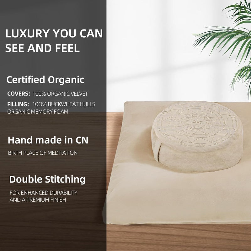 ellier Zafu & Zabuton Meditation Cushion Set - Buckwheat Hull & Memory Foam Pillows, Ergonomic Support for Yoga, Mindfulness - Organic Velvet Cover, Large Size, Durable Comfort (Khaki) - Image 3